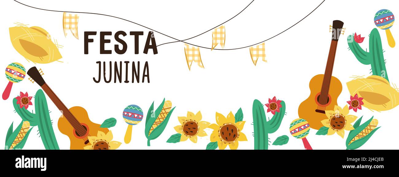 Festa Junina Brasile Giugno raccolta Festival flyer o modello banner, illustrazione cartoon vettoriale piatta isolato su sfondo bianco. Orizzontale colorato Illustrazione Vettoriale