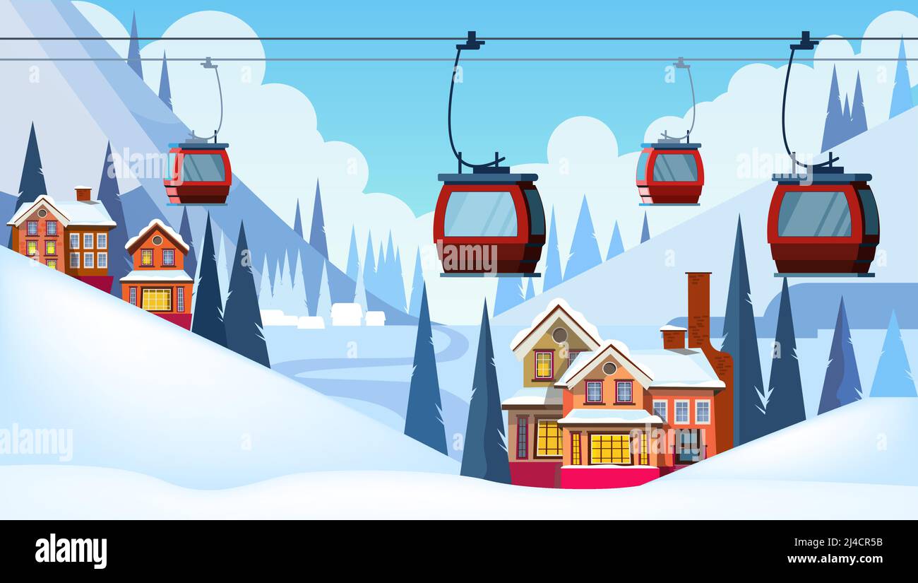 Paesaggio invernale con pensioni e funivie da sci. Illustrazione vettoriale della scena del paese nevoso. Concetto di stazione sciistica. Per siti Web, sfondi, poster Illustrazione Vettoriale