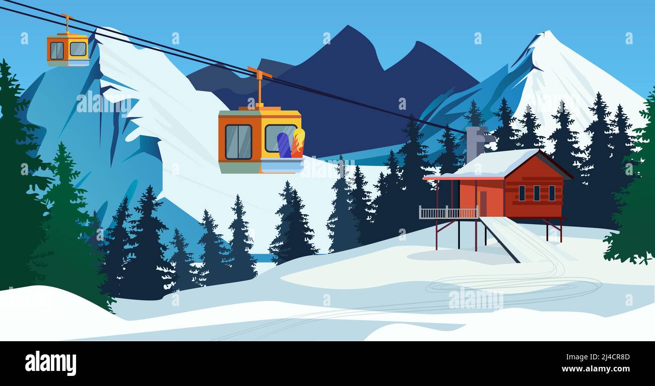 Paesaggio invernale con stazione della funivia e funivie da sci. Illustrazione vettoriale della scena del paese nevoso. Concetto di stazione sciistica. Per siti Web, sfondi, poste Illustrazione Vettoriale