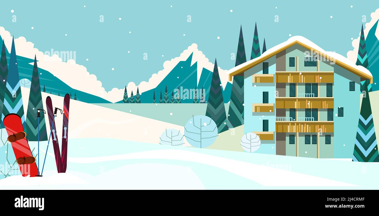 Paesaggio invernale con pensione, sci e snowboard. Illustrazione vettoriale della scena del paese nevoso. Concetto di stazione sciistica. Per siti Web, sfondi, poster Illustrazione Vettoriale