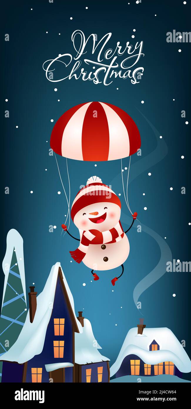 Banner verticale natalizio. Gioioso pupazzo di neve che vola con paracadute sui tetti coperti di neve. L'illustrazione può essere usata per i biglietti d'auguri, i volantini Illustrazione Vettoriale