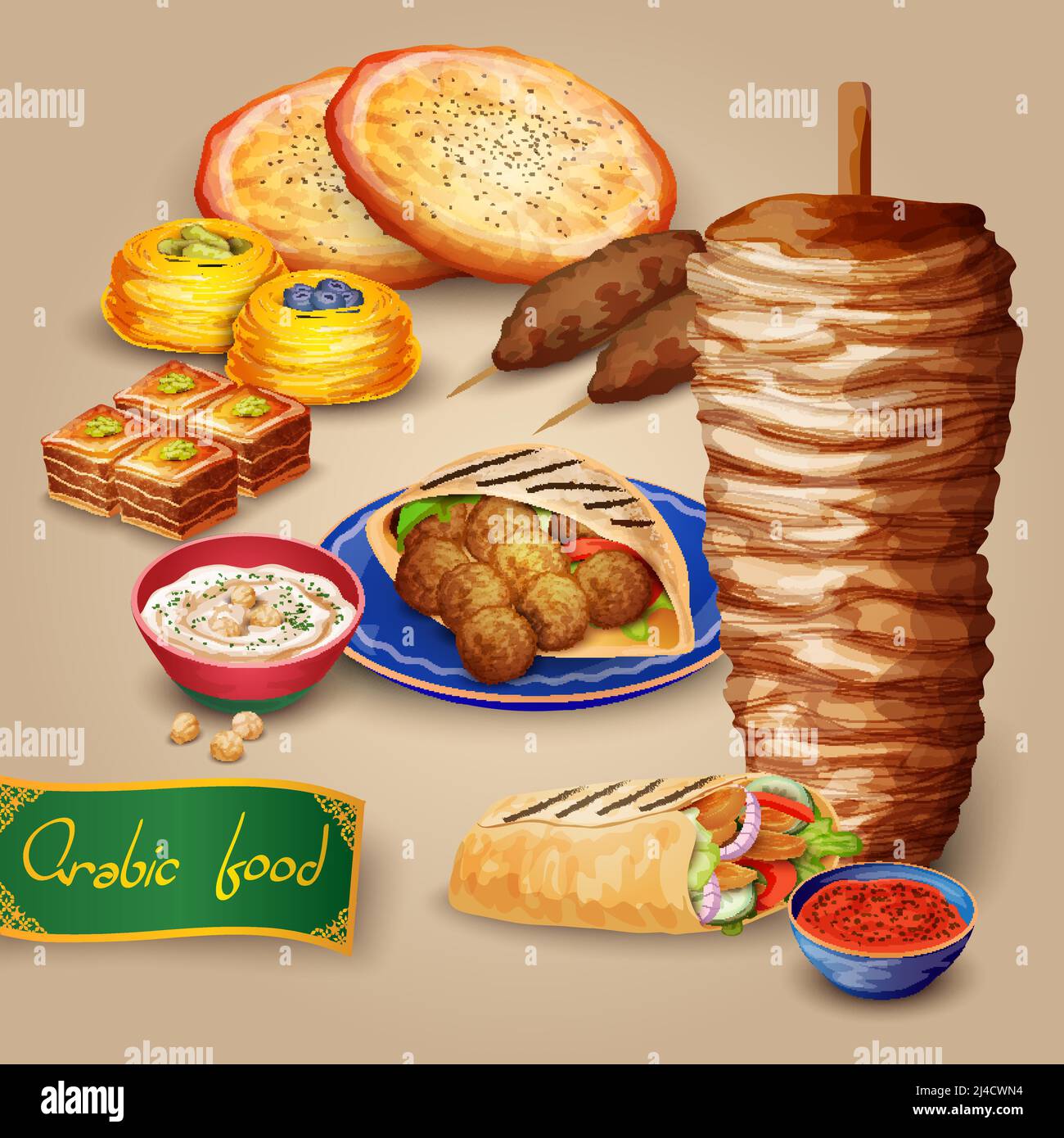 Set di cibo arabo con shawarma kebab hummus e pita cartoon illustrazione vettoriale Illustrazione Vettoriale