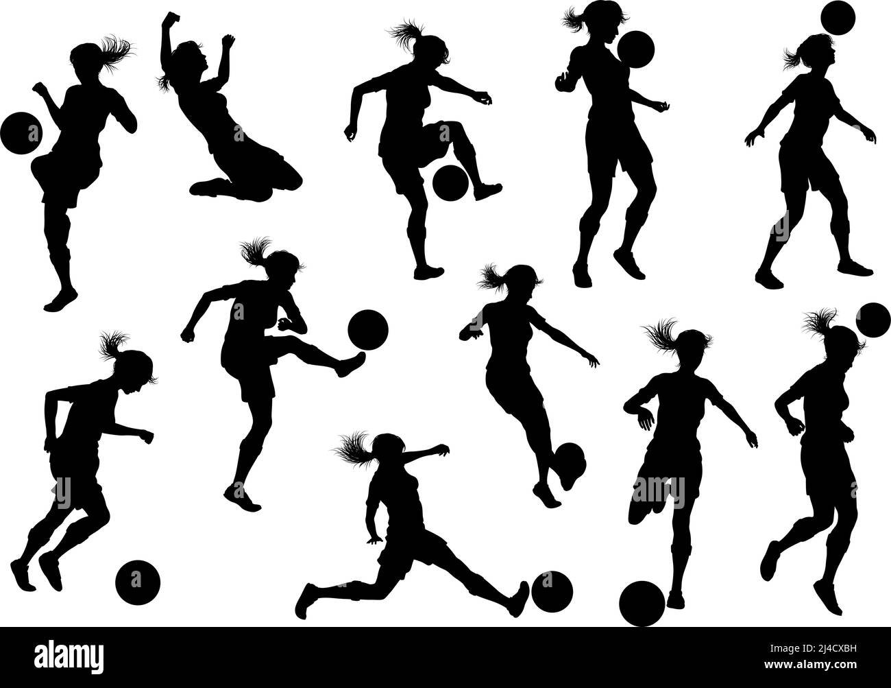 Femmina Calcio giocatore Donna Silhouette Set Illustrazione Vettoriale