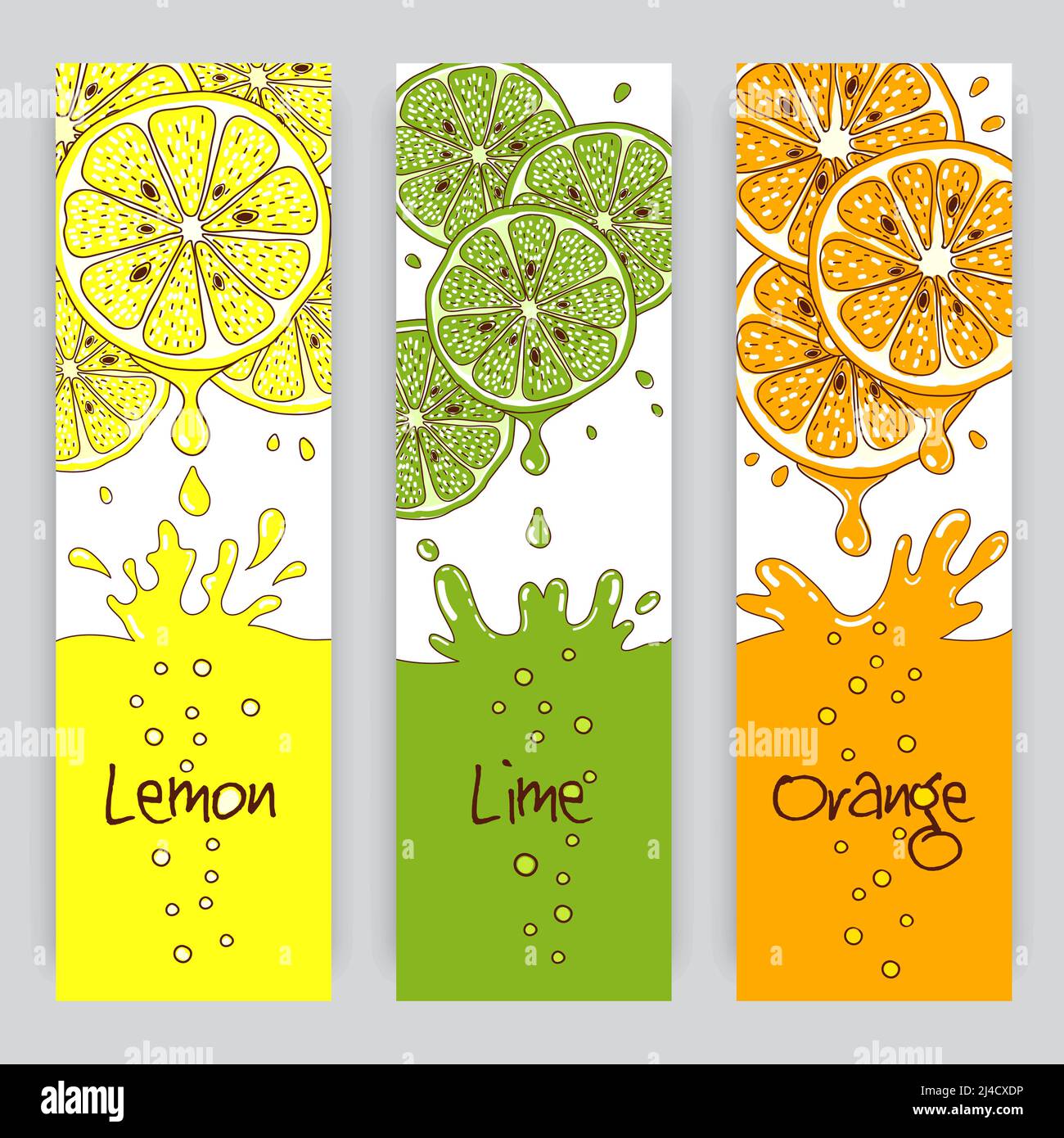 Striscioni vettoriali verticali con agrumi. Succo di limone, lime e arancia Illustrazione Vettoriale