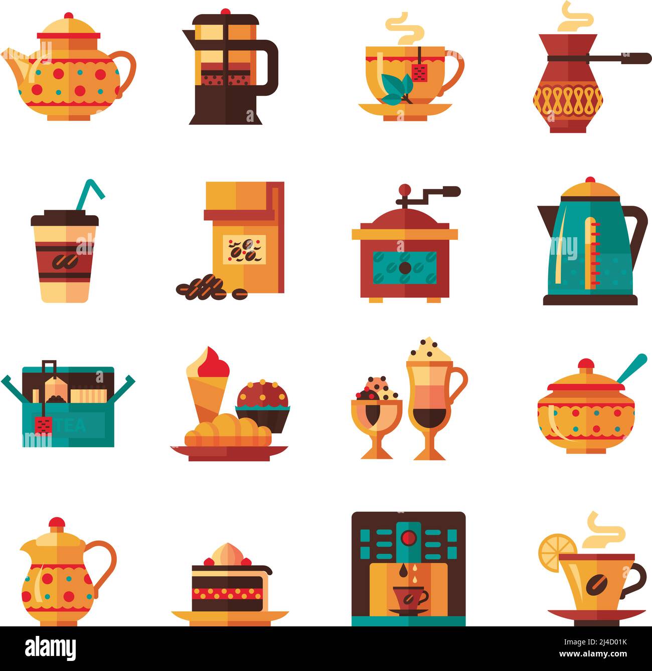 Icone classiche di tè e caffè con zucchero e latte caraffa in verde caldo marrone giallo piatto isolato vettore illustrazione Illustrazione Vettoriale