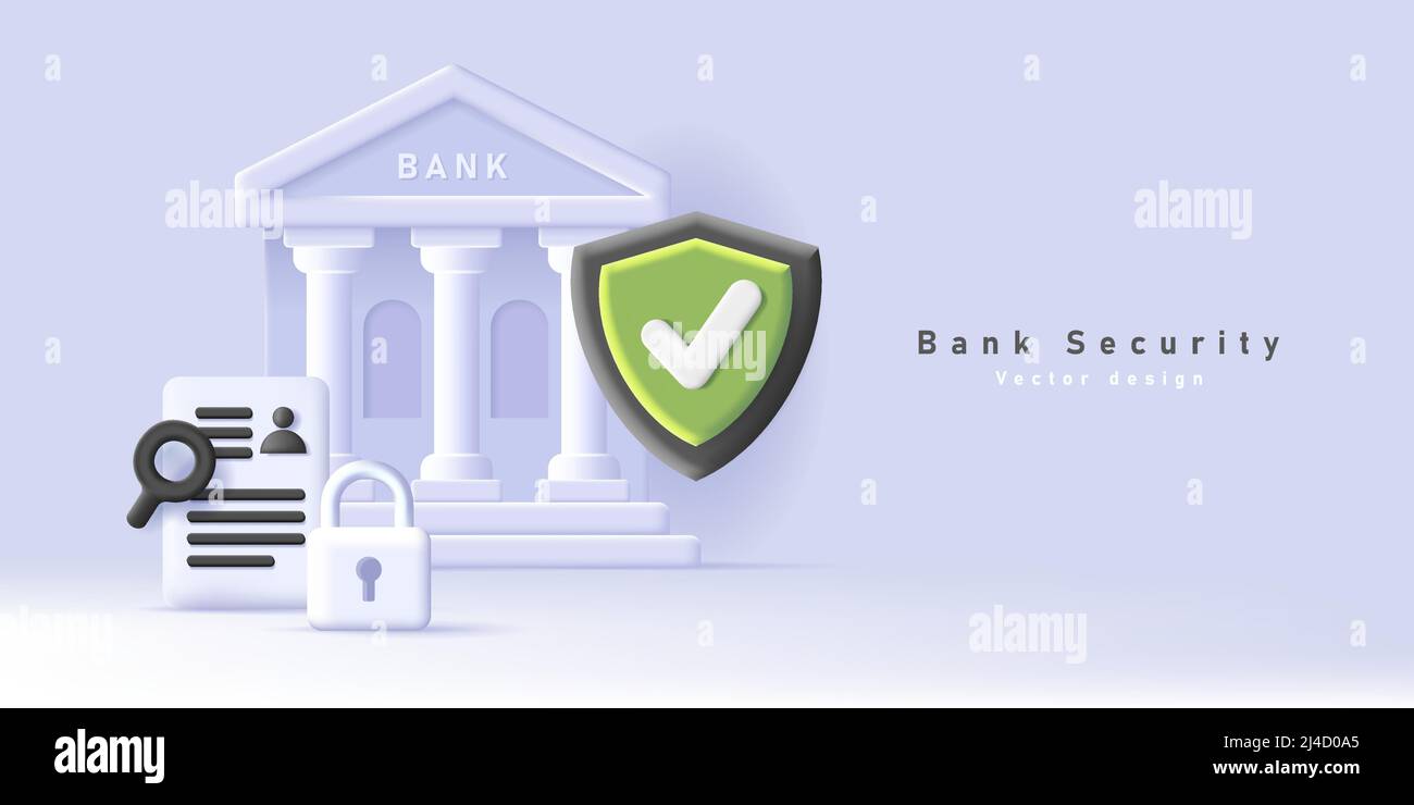 Banner Web con costruzione di banche e scudo che indicano sicurezza e crittografia, lucchetto e documento finanziario, composizione 3D Illustrazione Vettoriale