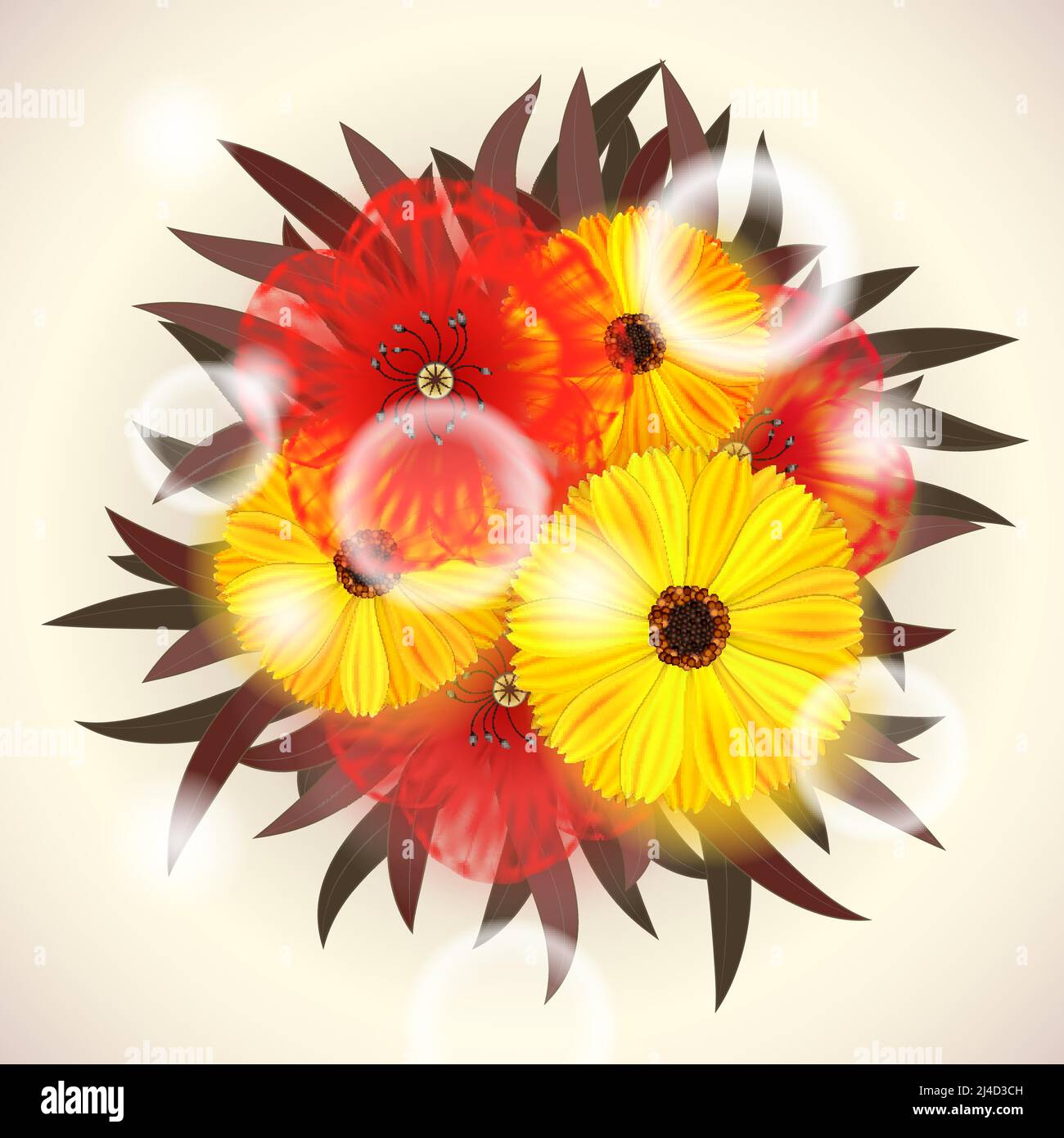 Vector Bright bouquet di fiori rossi e gialli. Opacità EPS10 Illustrazione Vettoriale