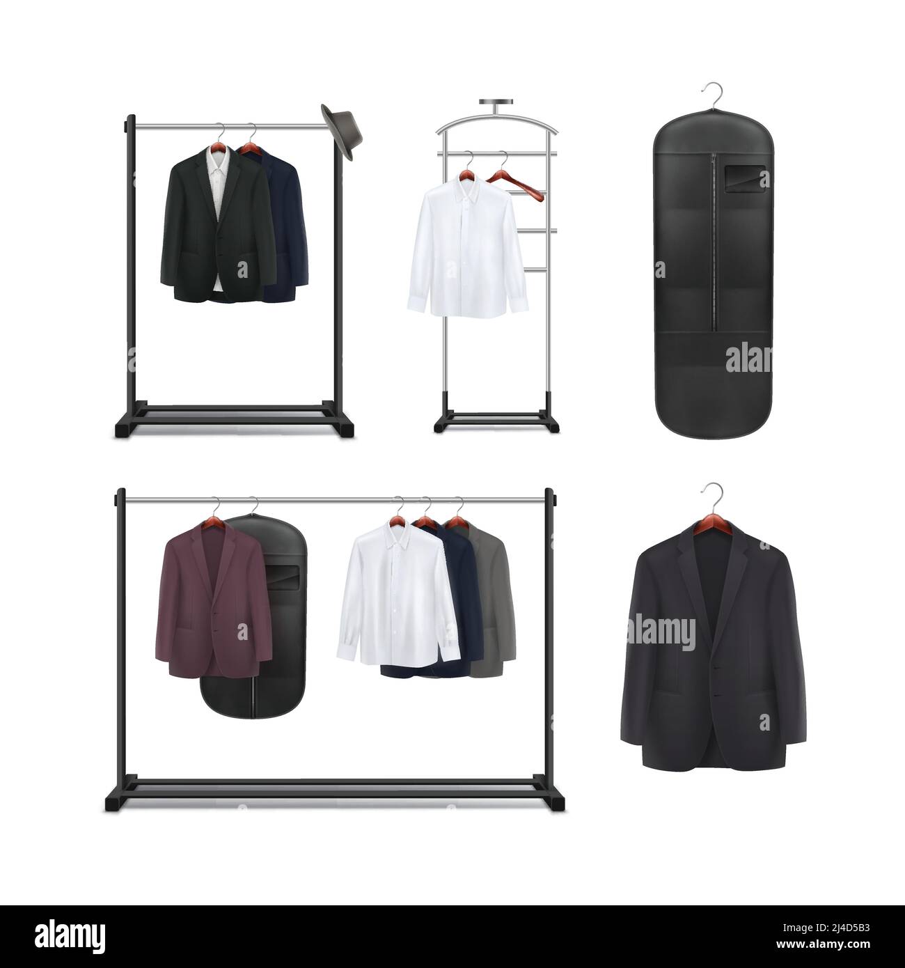 Set vettoriale in metallo nero, portabiti in legno e supporti con camicie e giacche vista frontale isolato su sfondo bianco Illustrazione Vettoriale
