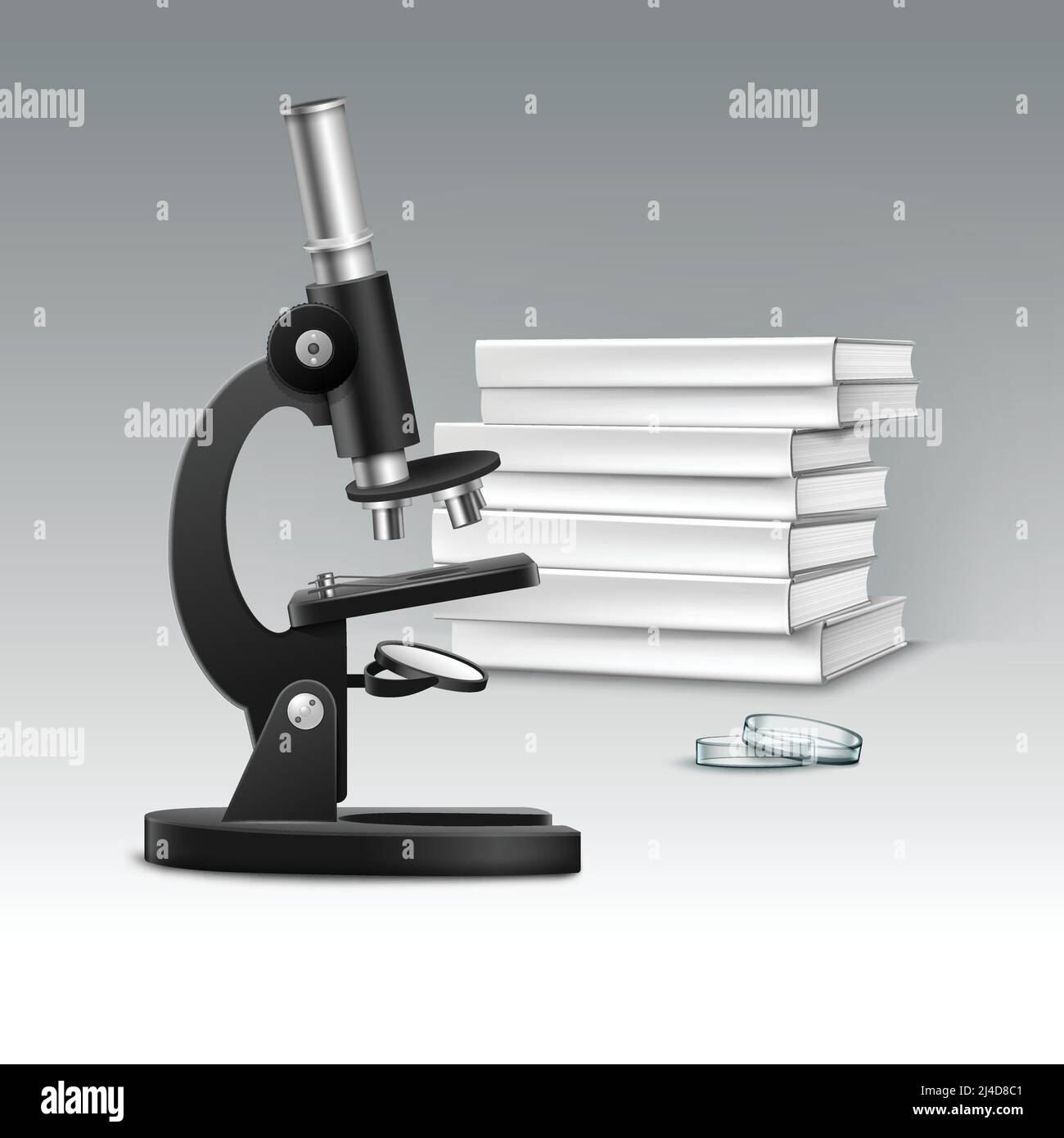 Microscopio ottico Vector in metallo nero con capsula di Petri e pila di libri bianchi isolati sullo sfondo Illustrazione Vettoriale