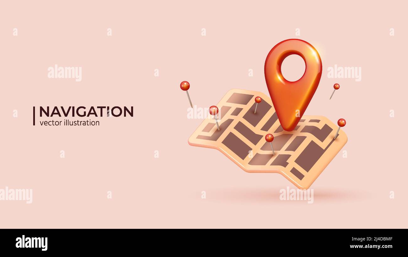 Contrassegno rosso sulla mappa e sul pin di posizione o sul simbolo dell'icona di navigazione GPS. 3D simbolo concettuale realistico creativo di concetto di ricerca in stile carino cartoon. Illustrazione vettoriale Illustrazione Vettoriale