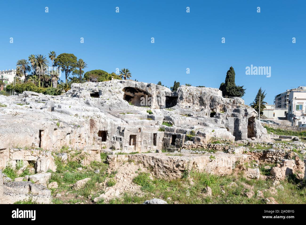 La necropoli dei Grotticelli (cimitero) degli antichi Greci di Siracusa, in Sicilia. Le rovine dove Archimede dovrebbe essere sepolto. Foto Stock