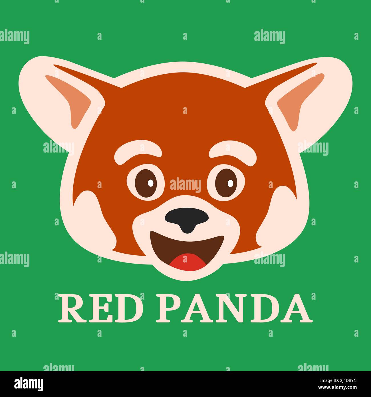 Buon rosso panda emoji museruola su sfondo verde. Cartoon panda testa o faccia, divertente orso gatto avatar icona vettore illustrazione Illustrazione Vettoriale