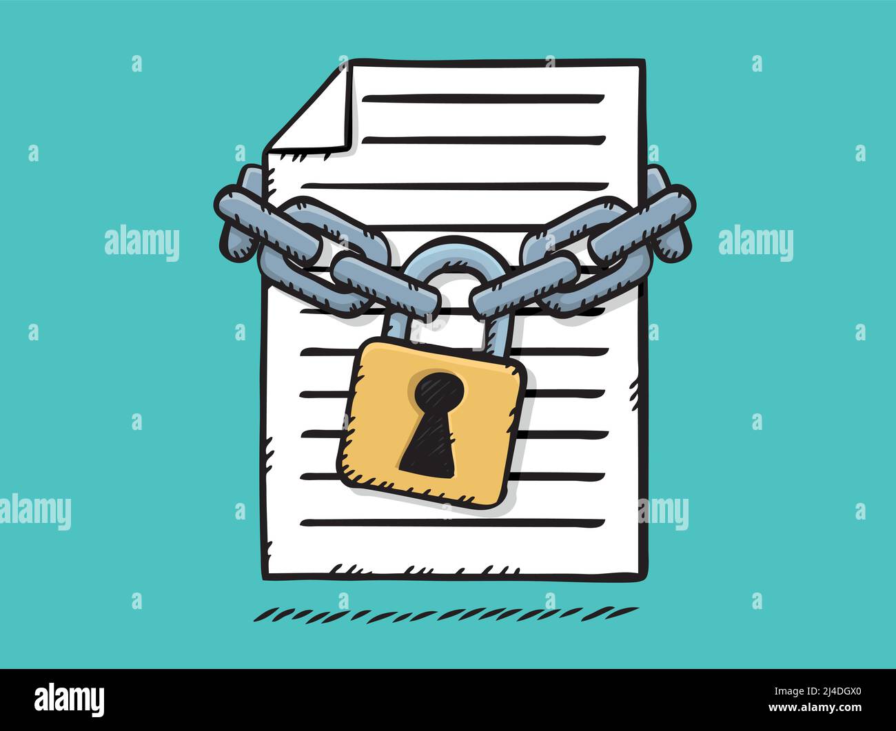 Illustrazione vettoriale in stile cartoon del file di documento bloccato con catene e lucchetto Illustrazione Vettoriale