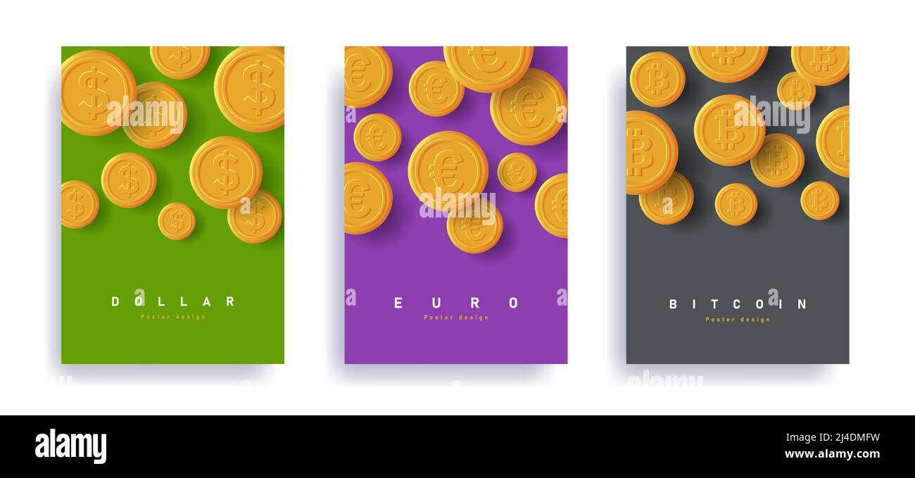 Set di modelli di volantini con monete che cadono di valuta diversa, euro dollaro e bitcoin Illustrazione Vettoriale
