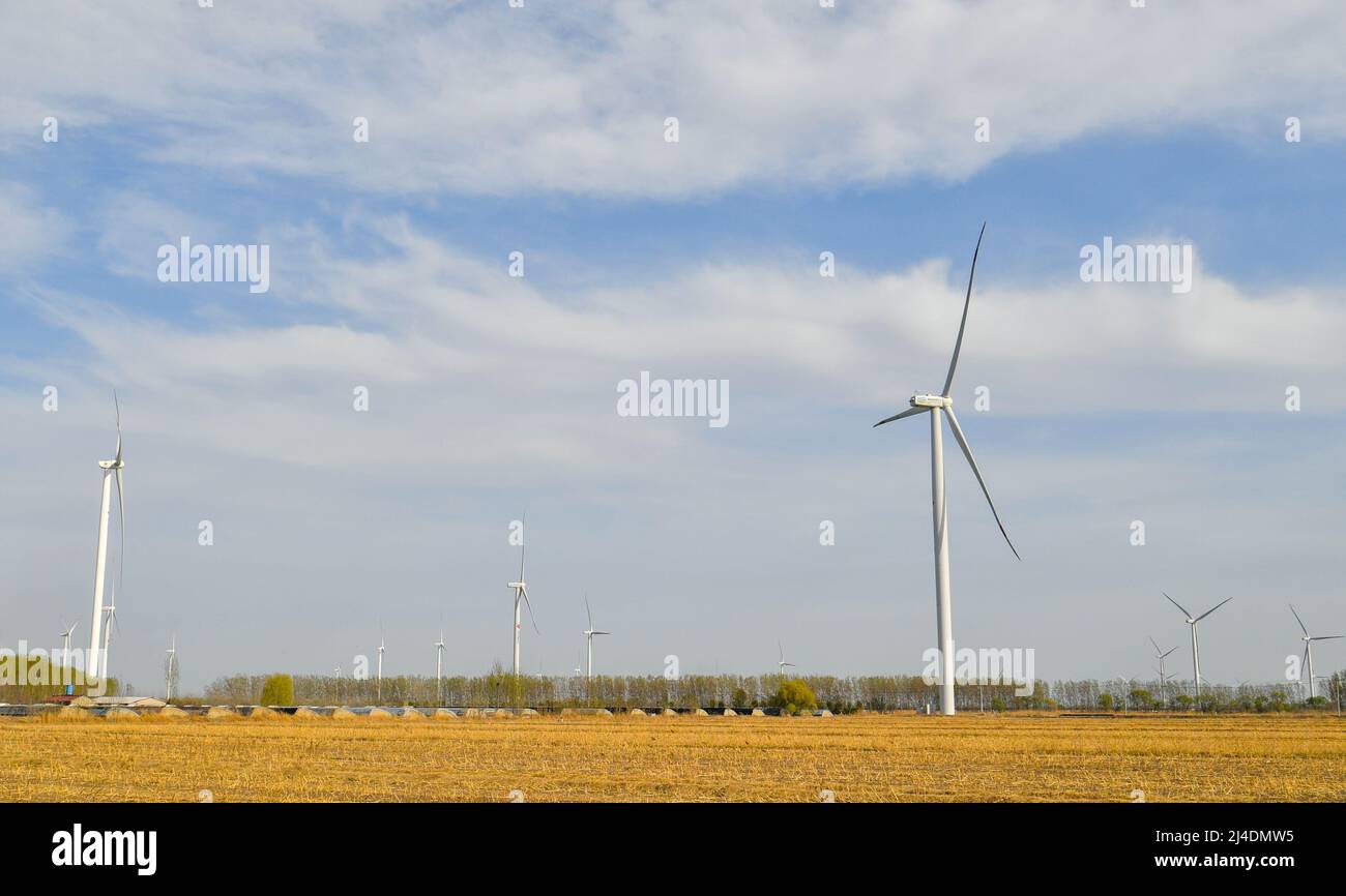 Tianjin. 13th Apr 2022. Foto scattata il 13 aprile 2022 mostra una fattoria eolica nella nuova area di Binhai, Tianjin nella Cina settentrionale. La capacità totale installata delle centrali eoliche di Tianjin è di 1,296 milioni di kilowatt entro la fine di febbraio di quest'anno. Credit: Sun Fanyue/Xinhua/Alamy Live News Foto Stock