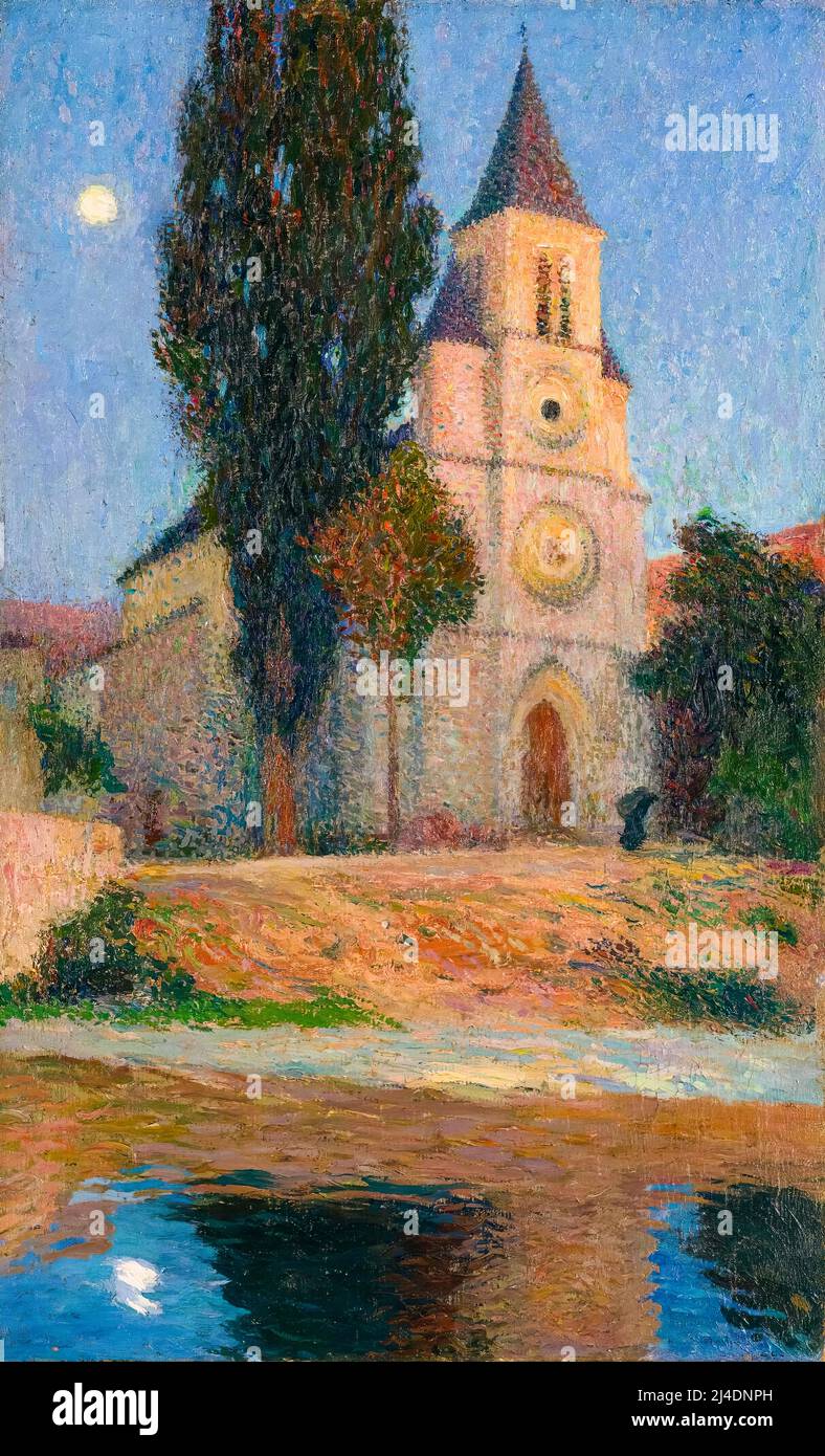 Henri Martin, pittura di paesaggio in olio su tela, Moonrise dietro la Chiesa di Labastide-Du-Vert, circa 1910 Foto Stock