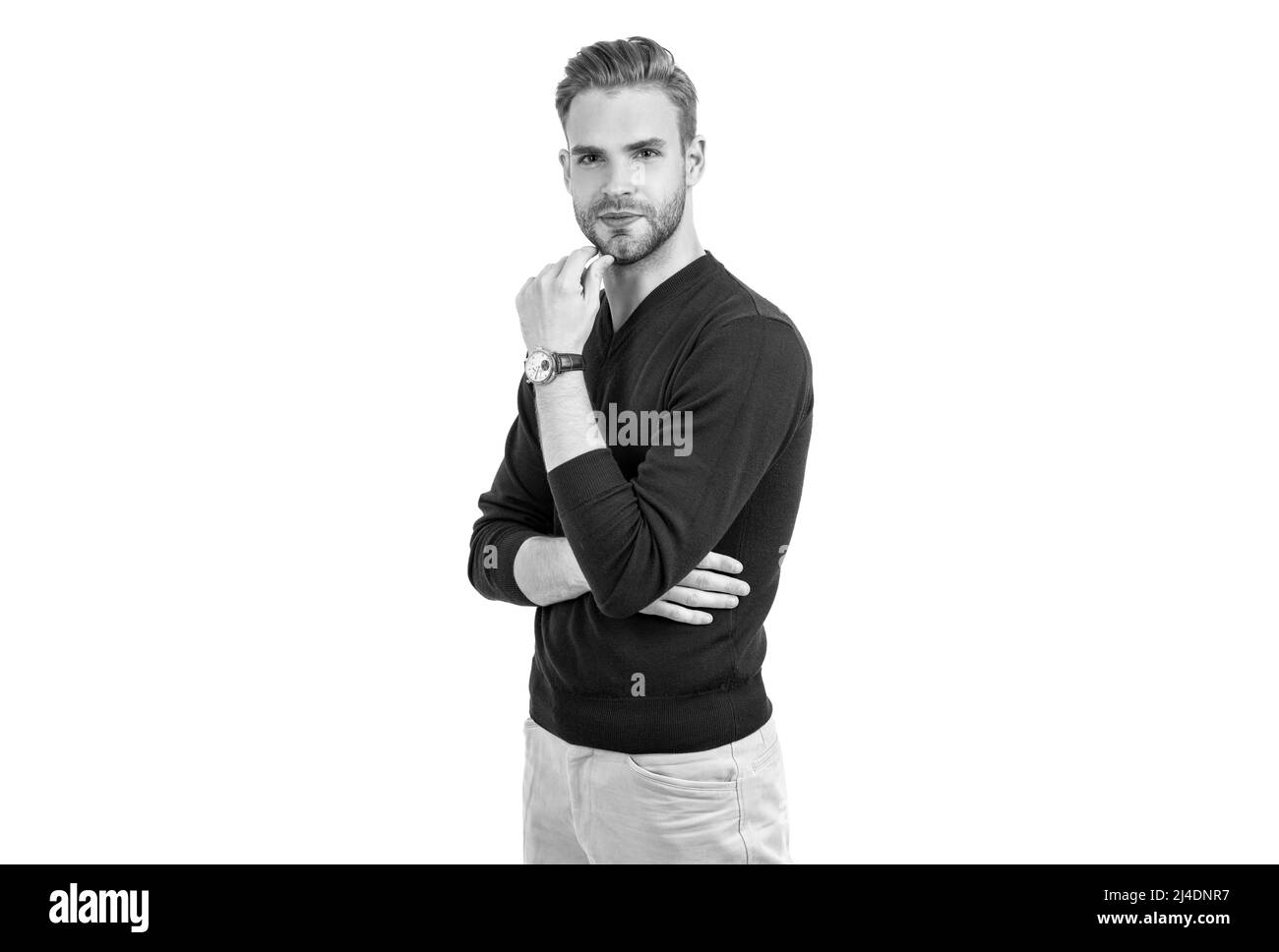 Ottieni il tuo volto più bello di sempre. Man touch rasa il mento. Cura della barba. Barbiere. Cura della pelle Foto Stock