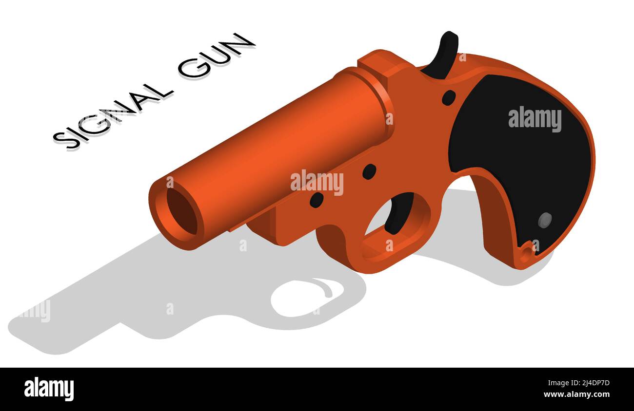 Pistola isometrica per segnalazione in emergenza. Arma per lanciare proiettili di segnale. Vettore realistico 3D isolato su sfondo bianco Illustrazione Vettoriale