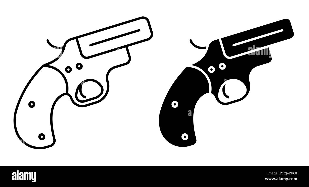 Icona lineare, pistola segnale di emergenza. Arma per lanciare proiettili di segnale. Semplice vettore bianco e nero isolato su sfondo bianco Illustrazione Vettoriale