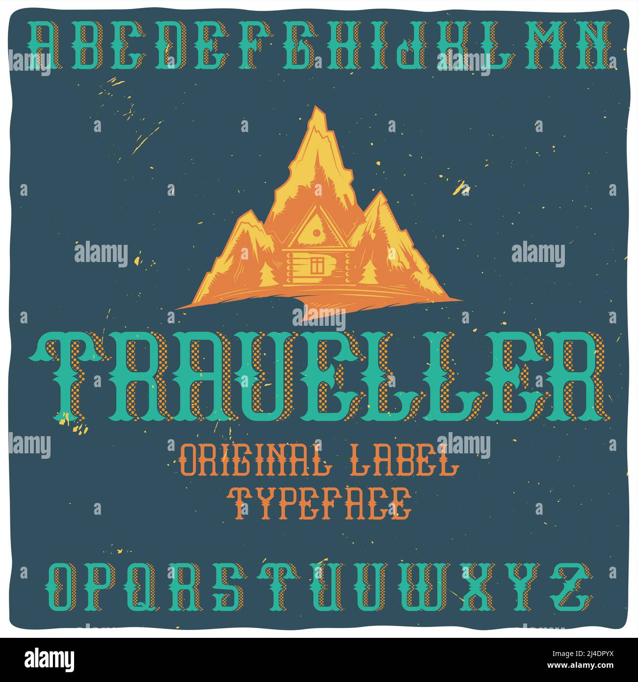 Il carattere d'etichetta vintage chiamato 'Traveller' con illustrazione delle montagne. Buon carattere artigianale per qualsiasi design di etichette. Illustrazione Vettoriale