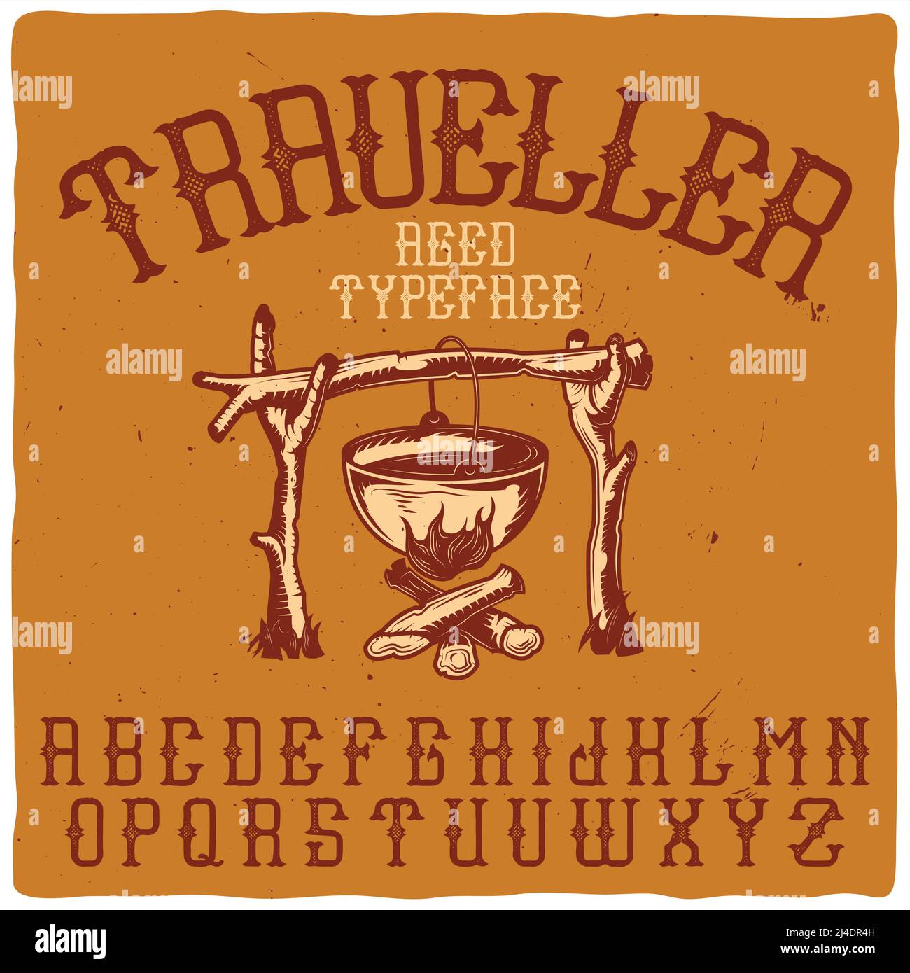 Il carattere d'etichetta vintage chiamato 'Traveller' con l'illustrazione di un falò. Buon carattere artigianale per qualsiasi design di etichette. Illustrazione Vettoriale