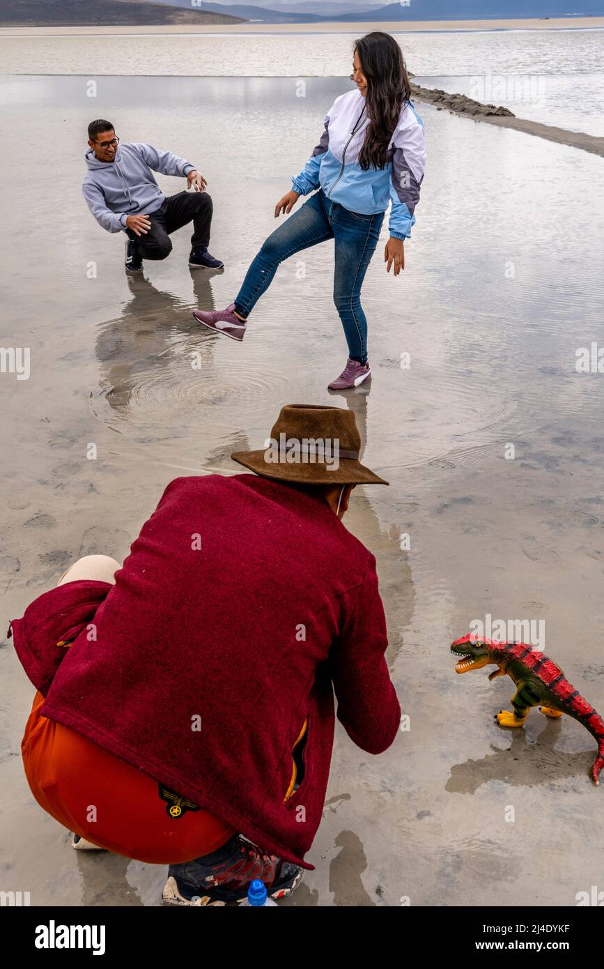 I visitatori posano per le foto con un dinosauro giocattolo al Salar de Moche (Lago Salinas) Salt Lake vicino alla città di Arequipa, regione di Arequipa, Perù. Foto Stock