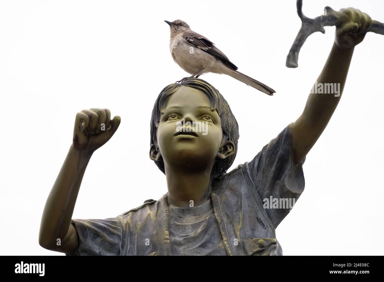 Statua di bronzo di un ragazzo con un uccello vivo in cima alla testa del bambino al Lilburn Park a Metro Atlanta, Georgia. (USA) Foto Stock