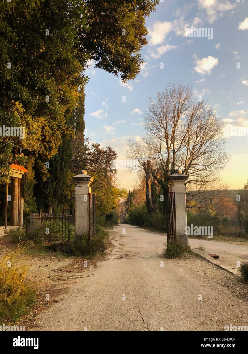 Abbandonata porta centrale al palazzo estivo dell'ex famiglia greca reale nel parco pubblico di Tatoi, Grecia. Natura e cielo blu Foto Stock
