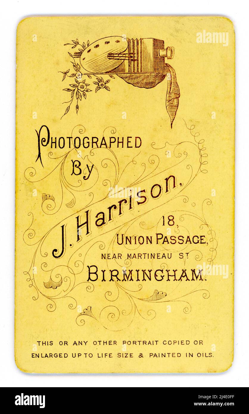 Retro del CDV vittoriano originale con grande lastra camera Studio di J. Harrison, 18 Union Passage, Birmingham, Regno Unito Circa 1880 Foto Stock