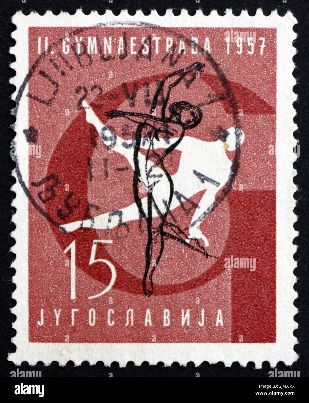 JUGOSLAVIA - CIRCA 1957: Un francobollo stampato in Jugoslavia mostra posizione ginnica, cavallo Pommel, 2nd incontri ginnici, Zagabria, circa 1957 Foto Stock
