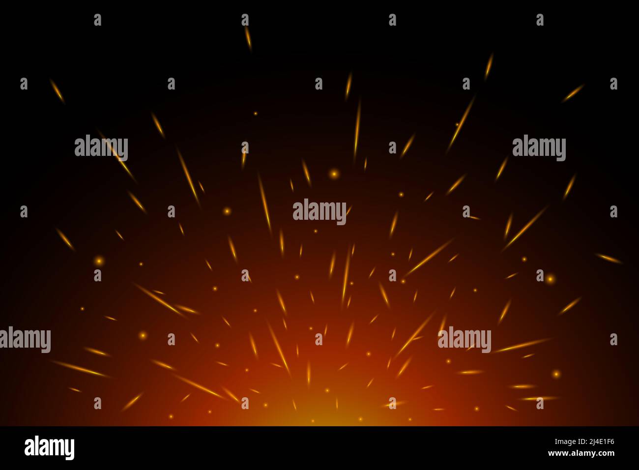 Fiery scintilla in aria durante la notte buia. Particelle incandescenti volanti dal fuoco. Le luci a fiamma si attivano sullo sfondo nero immagine eps vettoriale Illustrazione Vettoriale