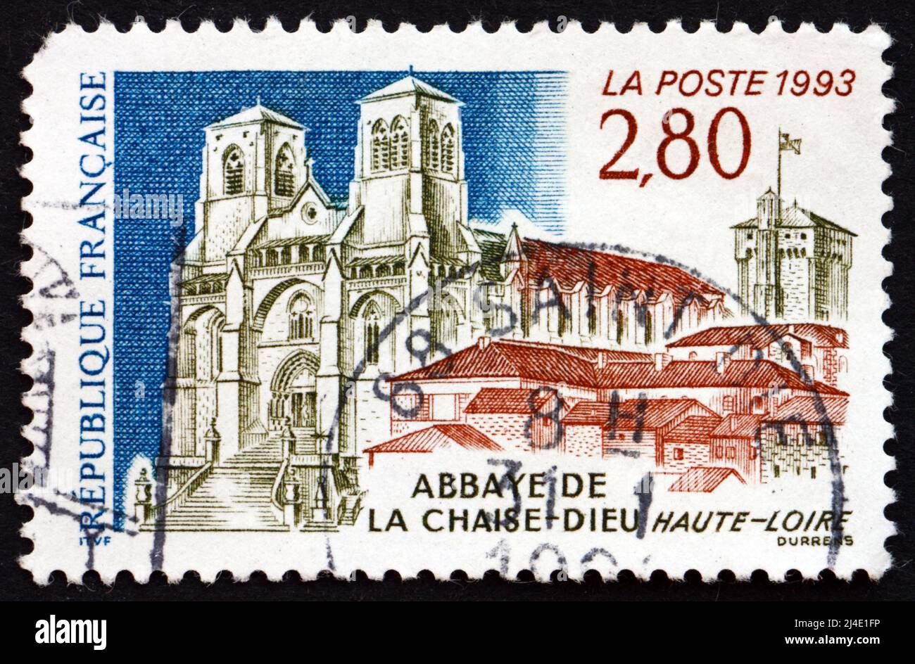 FRANCIA - CIRCA 1993: Un francobollo stampato in Francia mostra Chaise-Dieu Abbazia, nel dipartimento dell'alta Loira, circa 1993 Foto Stock