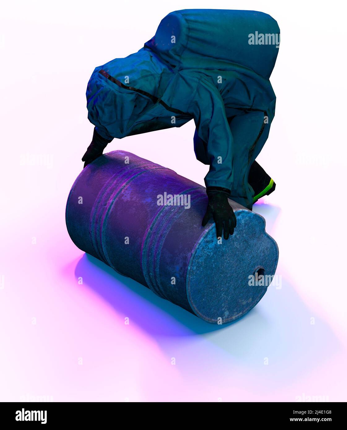 Uomo con barile, immagazzinando i residui radioattivi. 3d rendering. Tuta anti-radiazioni. Problemi di esposizione alle radiazioni, centrale nucleare Foto Stock