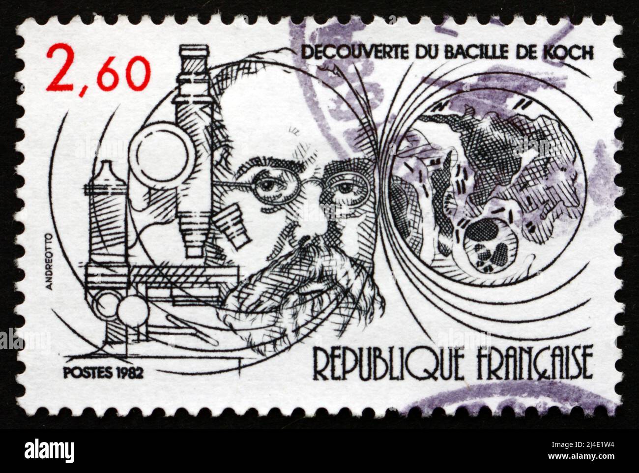 FRANCIA - CIRCA 1982: Un francobollo stampato in Francia mostra TB Bacillus scoperto da Robert Koch, Centenario, circa 1982 Foto Stock