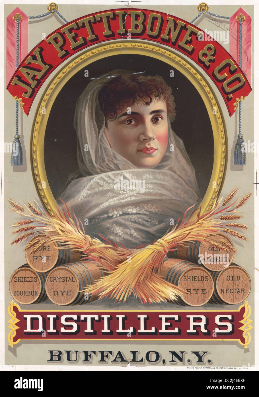 1878 ad per Jay Pettibone & Company, distillatori, Buffalo, New York. Litografia di Wells & Hope Co. Foto Stock