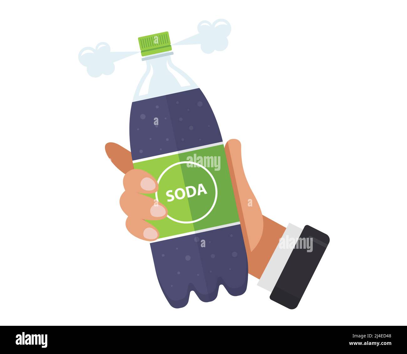 una mano può contenere una bottiglia di soda con un'etichetta verde. illustrazione vettoriale piatta. Illustrazione Vettoriale