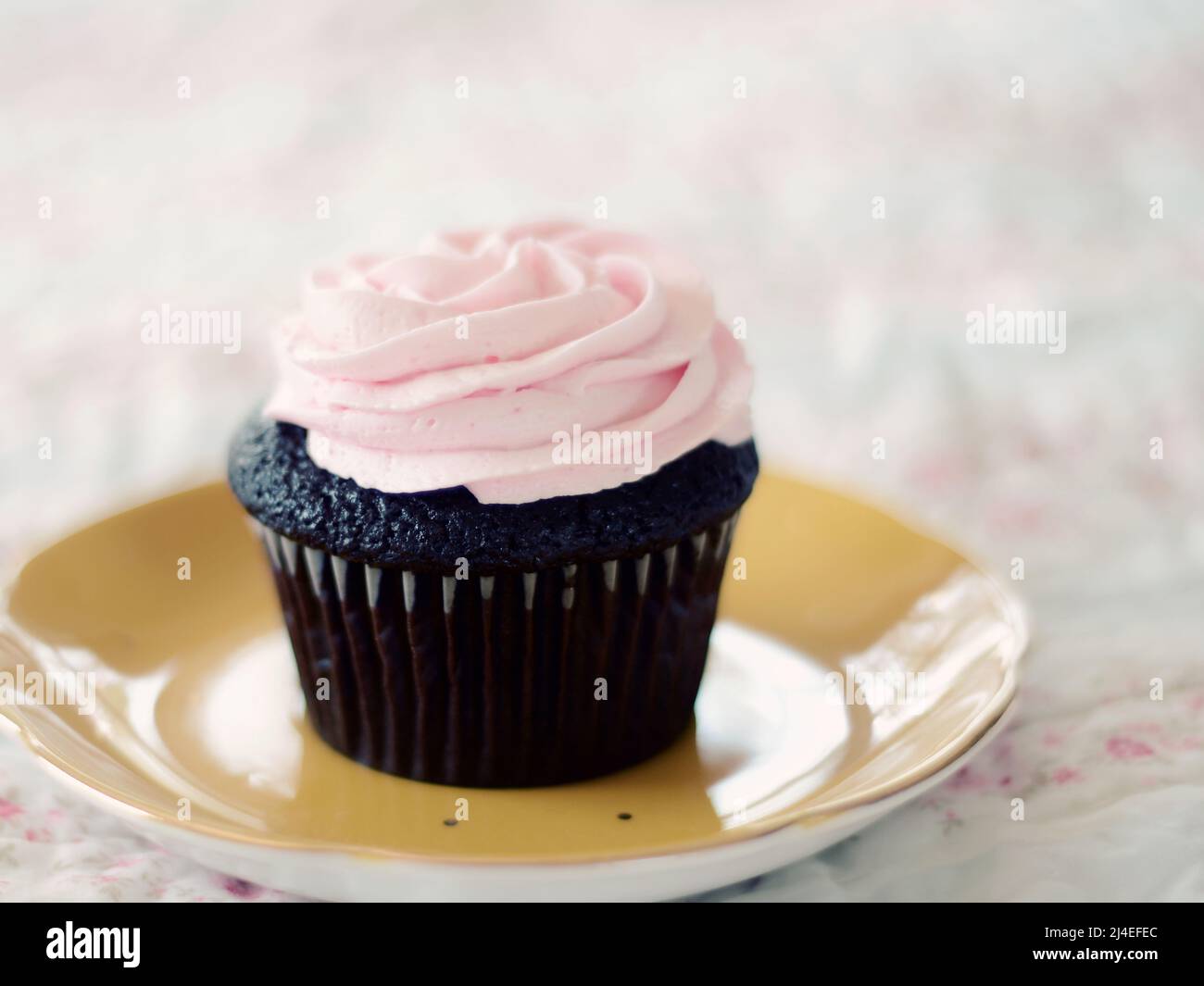 Un cupcake al cioccolato vegano con glassa di crema di burro rosa su un piatto giallo d'epoca per una festa di compleanno solitaria. Foto Stock Un cupcake al cioccolato vegano con glassa di crema di burro rosa su un piatto giallo d'epoca per una festa di compleanno solitaria. Foto Stock