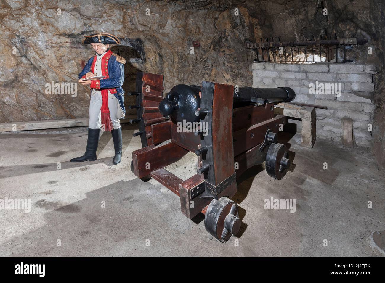 Cannone montato sulla carrozza di Koehler, i tunnel del Grande Assedio, Gibilterra Foto Stock
