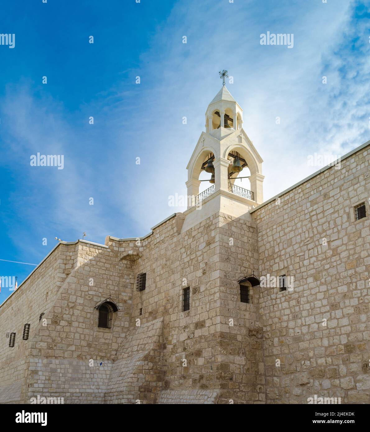Chiesa della Natività a Betlemme, Palestina, Israele. Vista esterna sulla torre. Foto Stock