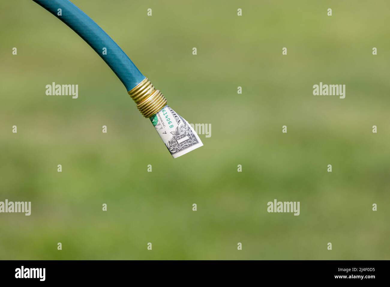 Manichetta da giardino e denaro contante. Concetto di bolletta, conservazione e utilizzo dell'acqua Foto Stock