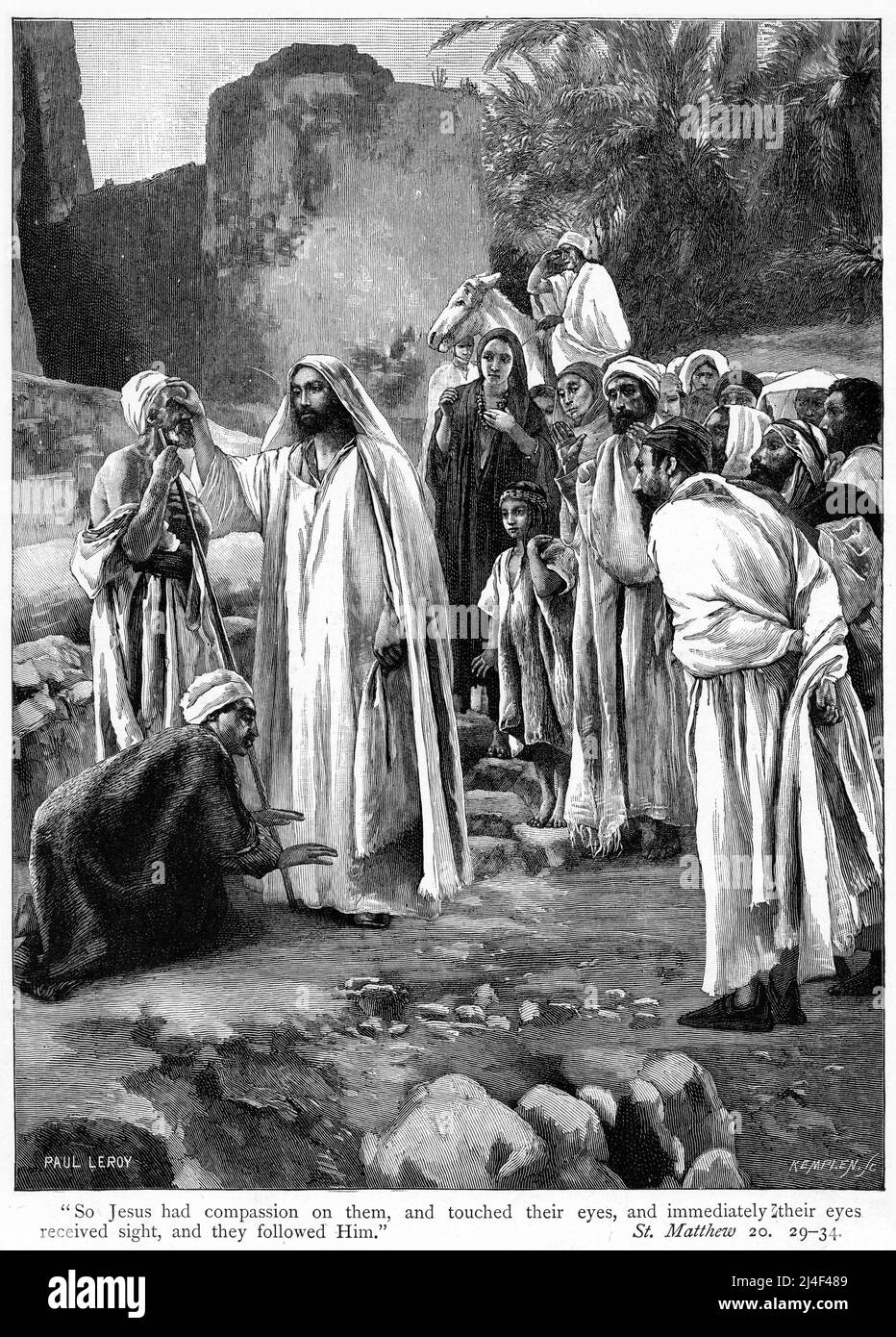 Incisione di Gesù che guarisce due ciechi. Matteo 20:29-34 Foto Stock