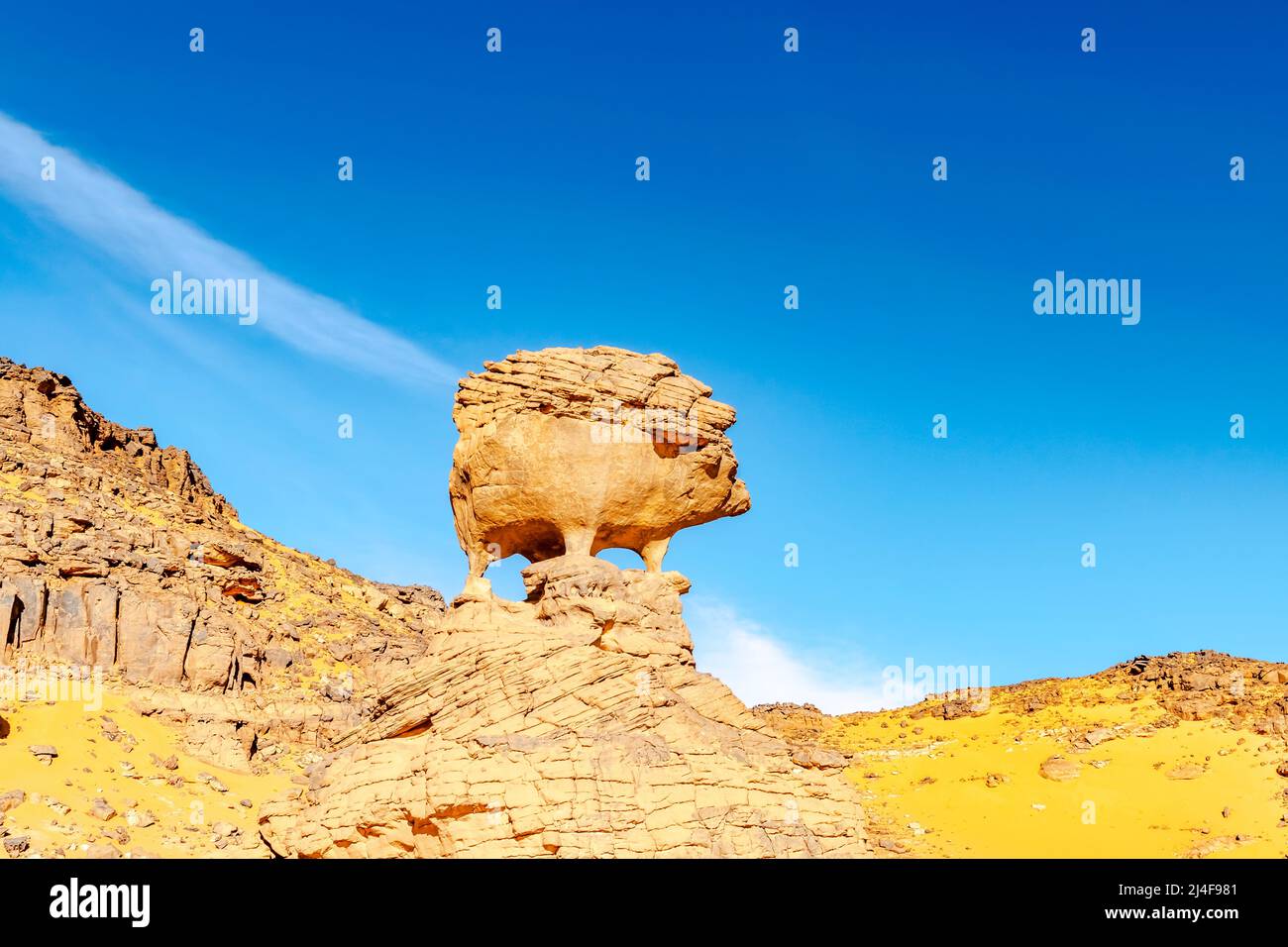Hedgehog roccia naturale di forma. Deserto del Sahara di Tadrart Rouge, parco di Tassili n'Ajjer. Sabbia di colore giallo. Montagne rocciose arancioni e cielo nuvoloso blu Foto Stock