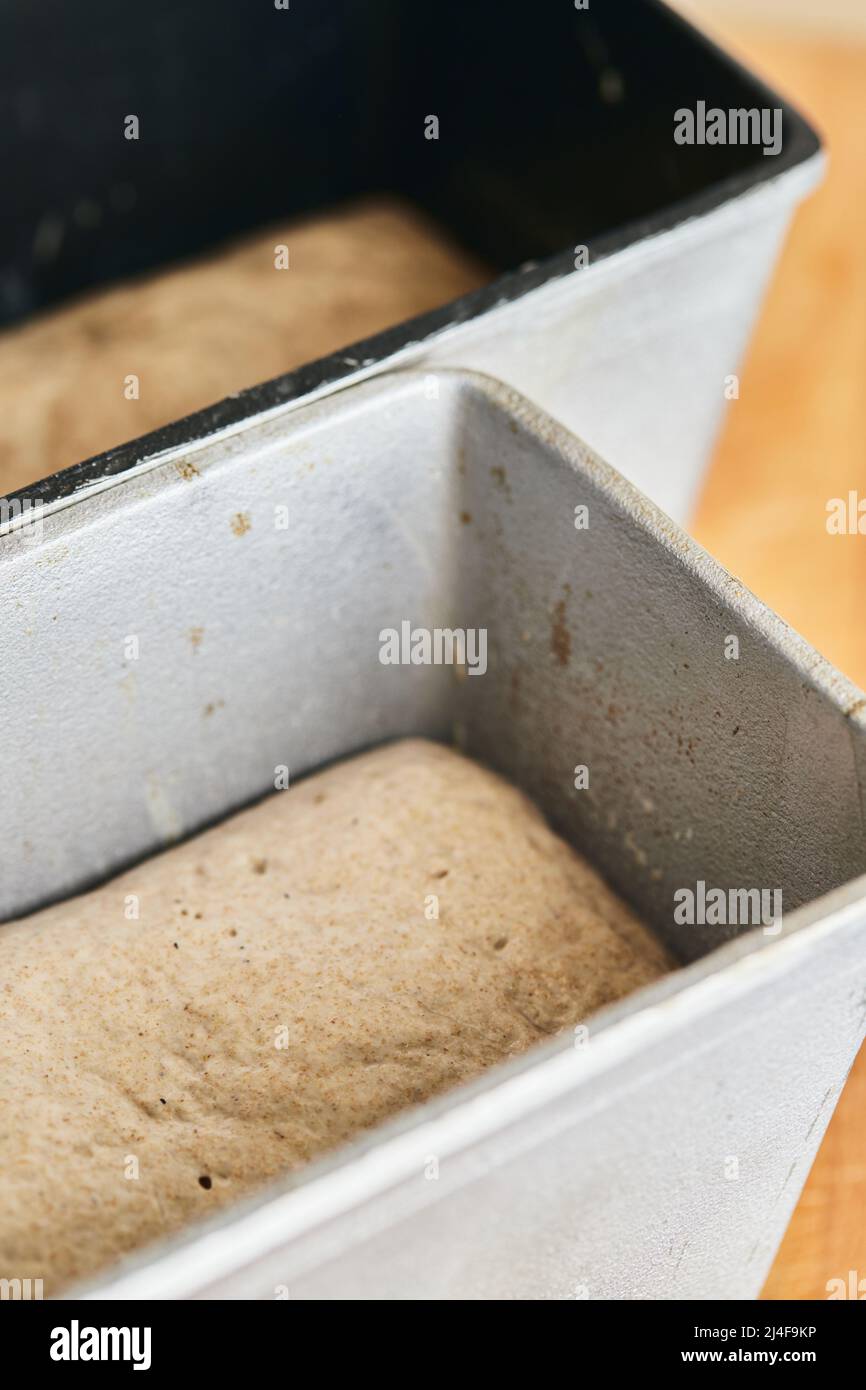 Il processo di preparazione del pane di segale. L'impasto sul pane di segale viene deposto in uno stampo. Foto verticale. Foto Stock