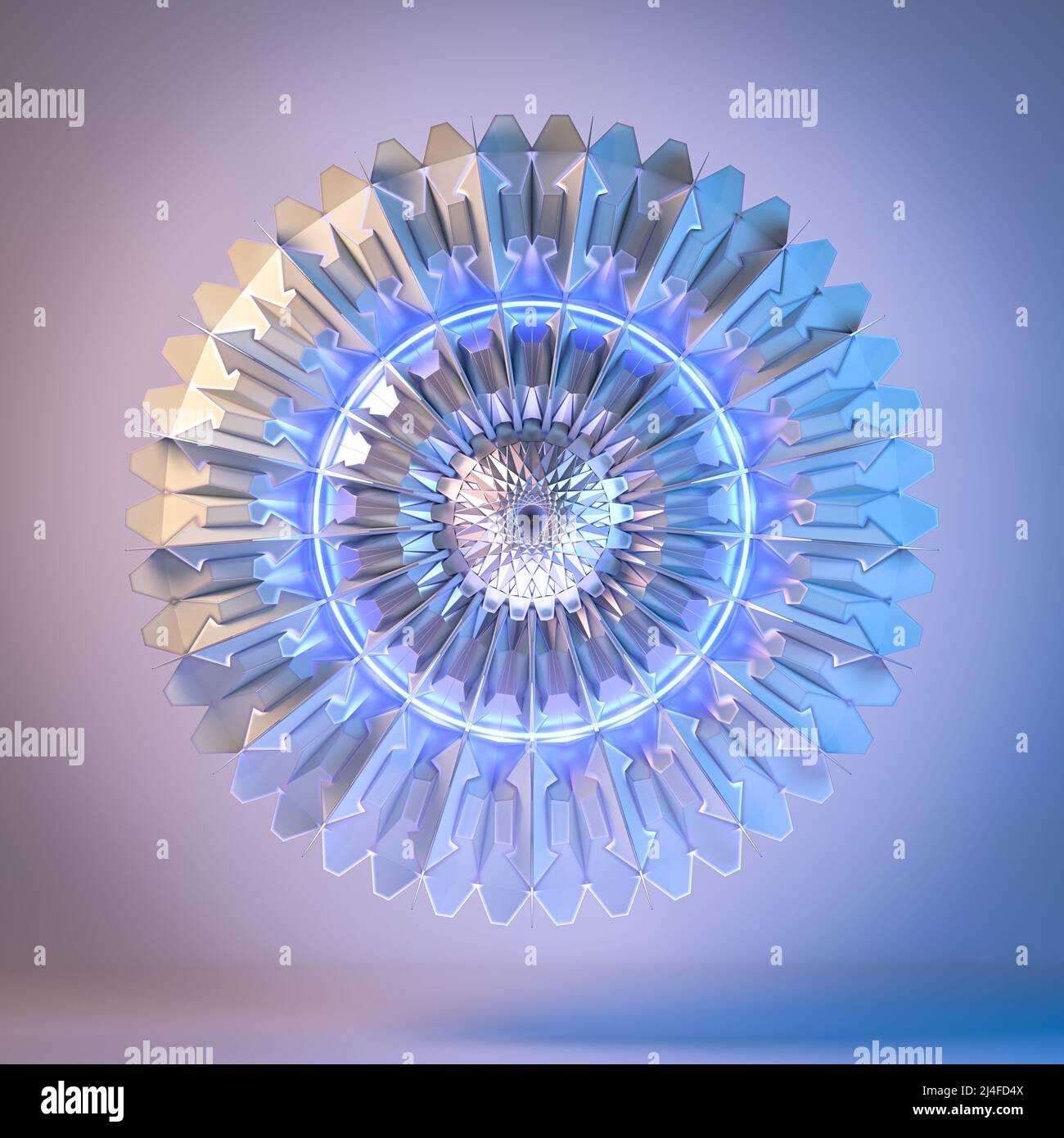 3D rendering di mandala geometrica astratta metallica o frattale con luci incandescenti surreale tecnologico futuristico spirituale simmetrico fiore curvo s. Foto Stock