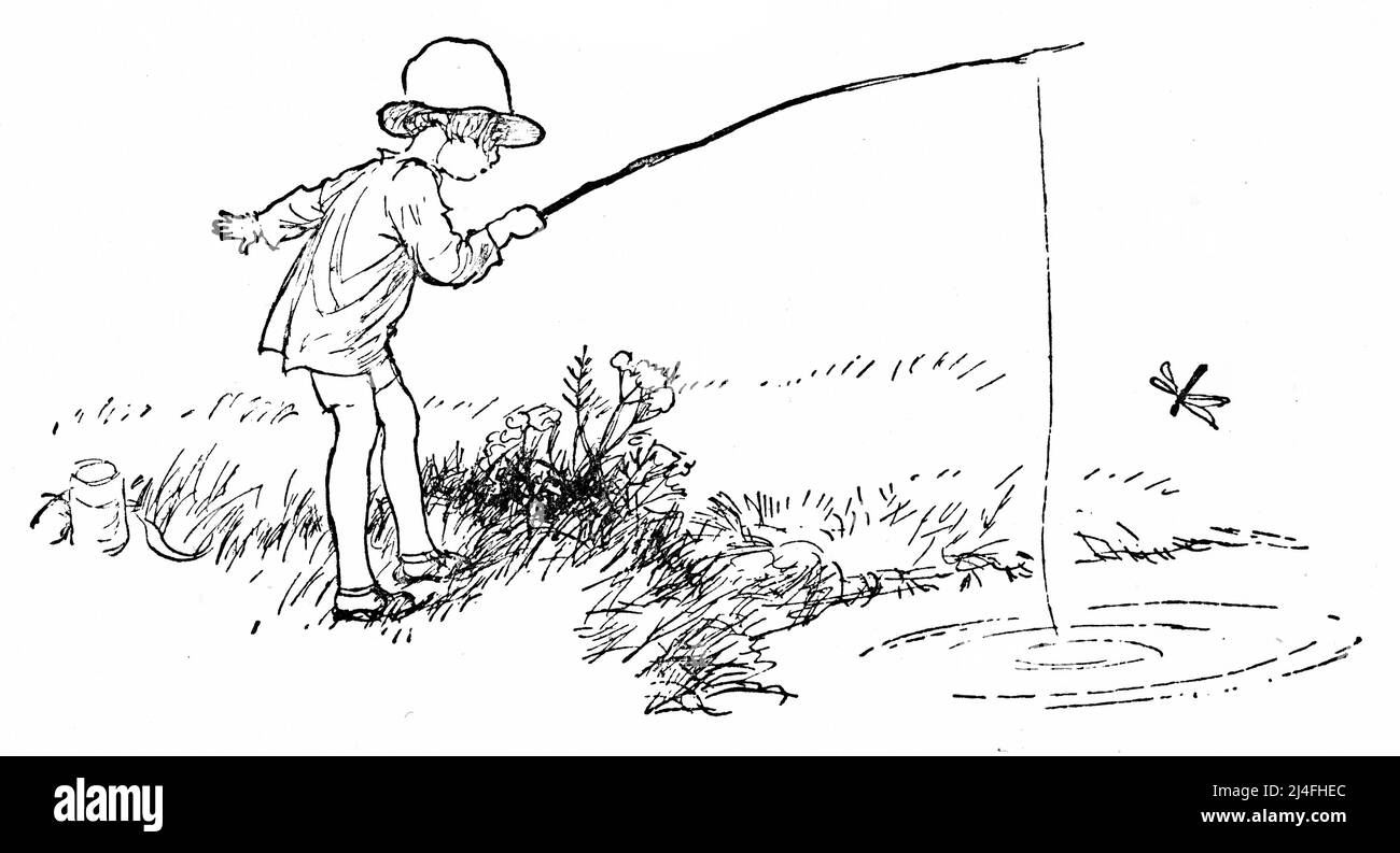 Illustrazione di un ragazzo fuori su una spedizione di pesca Foto Stock