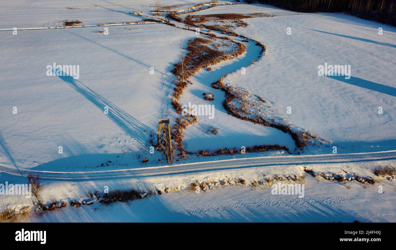 Lavikanlahti a Savitaipal al Lago Saimaa il 1 gennaio girato con un drone a mezzogiorno Foto Stock