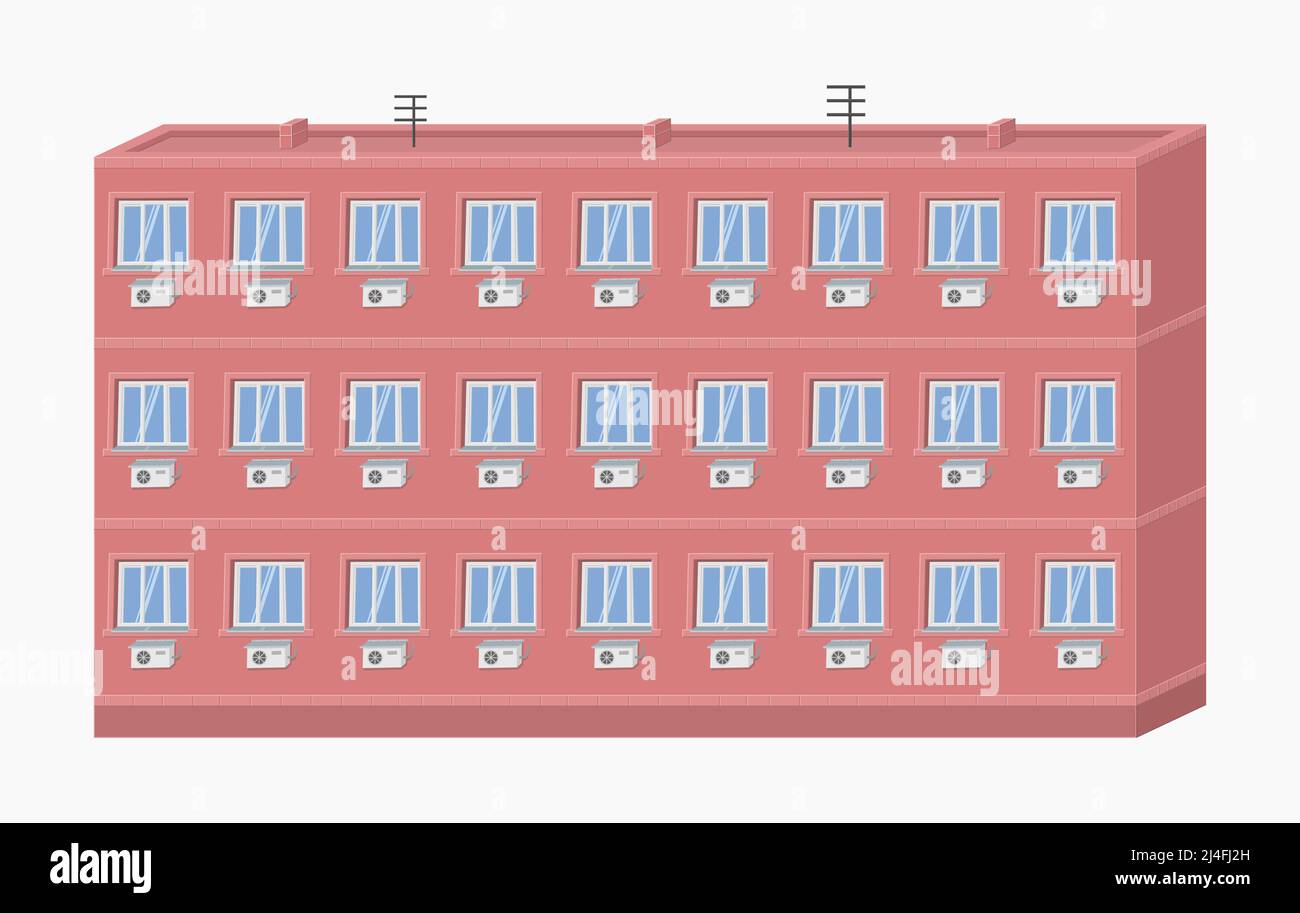 edificio rosso con aria condizionata sulla facciata in stile cartoon illustrazione vettoriale piatta Illustrazione Vettoriale