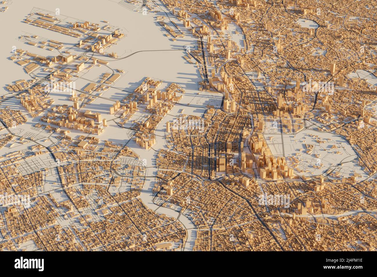 Tokyo, Giappone 3D città. Vista ad alto angolo della mappa della città. 3D rendering. Foto Stock