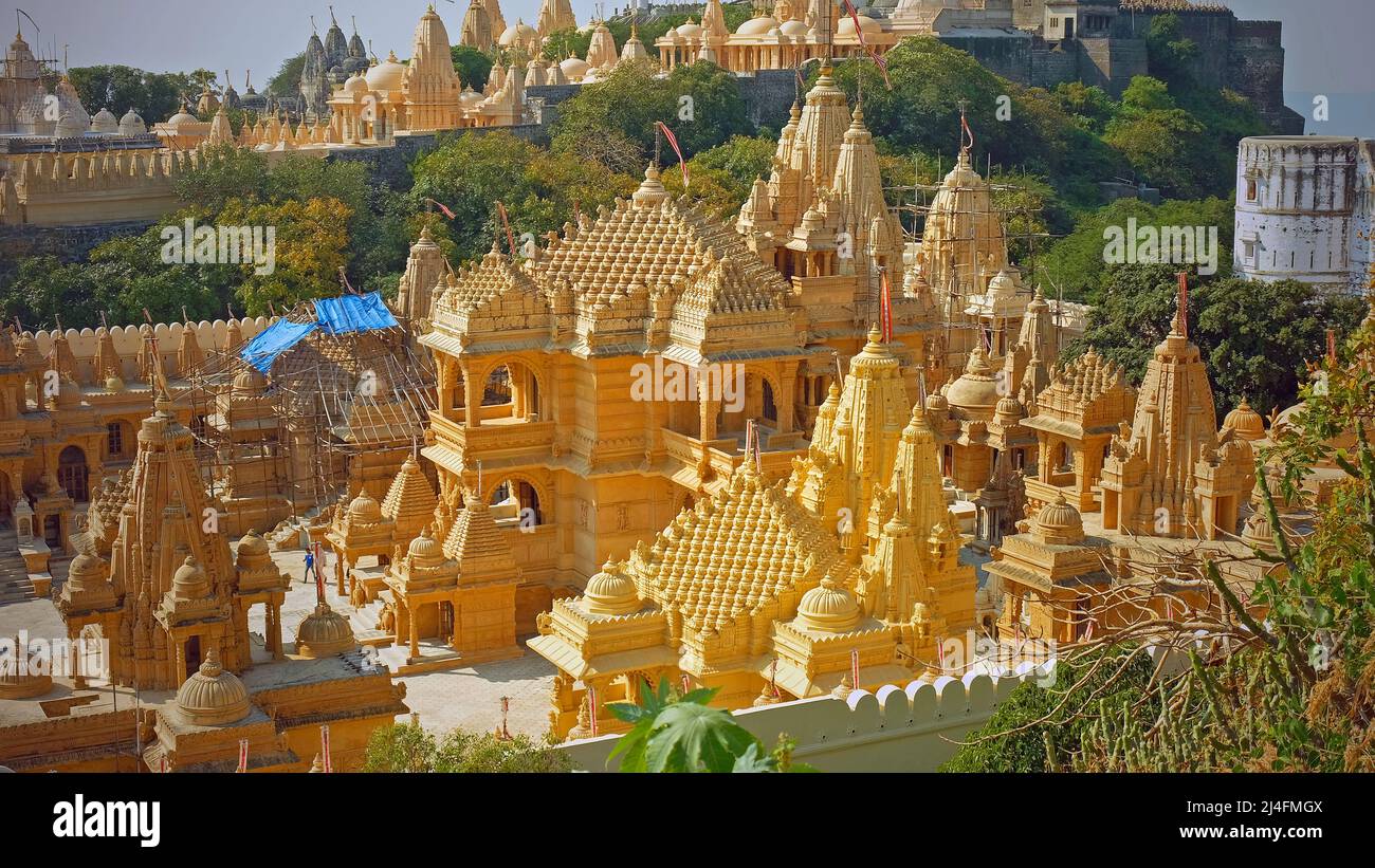 Alcuni dei santuari in marmo intagliati nel complesso di templi di Palitana, un sito sacro del Jainismo che attrae pellegrini da tutto il mondo Foto Stock