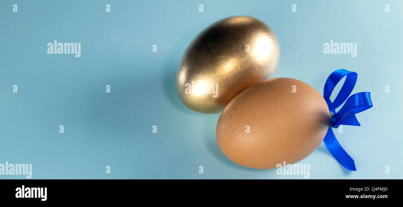 Striscione con uovo marrone con nastro blu e uovo dorato. Felice Pasqua concetto. Due uova con nastro su sfondo blu pastello con spazio di copia. Foto Stock